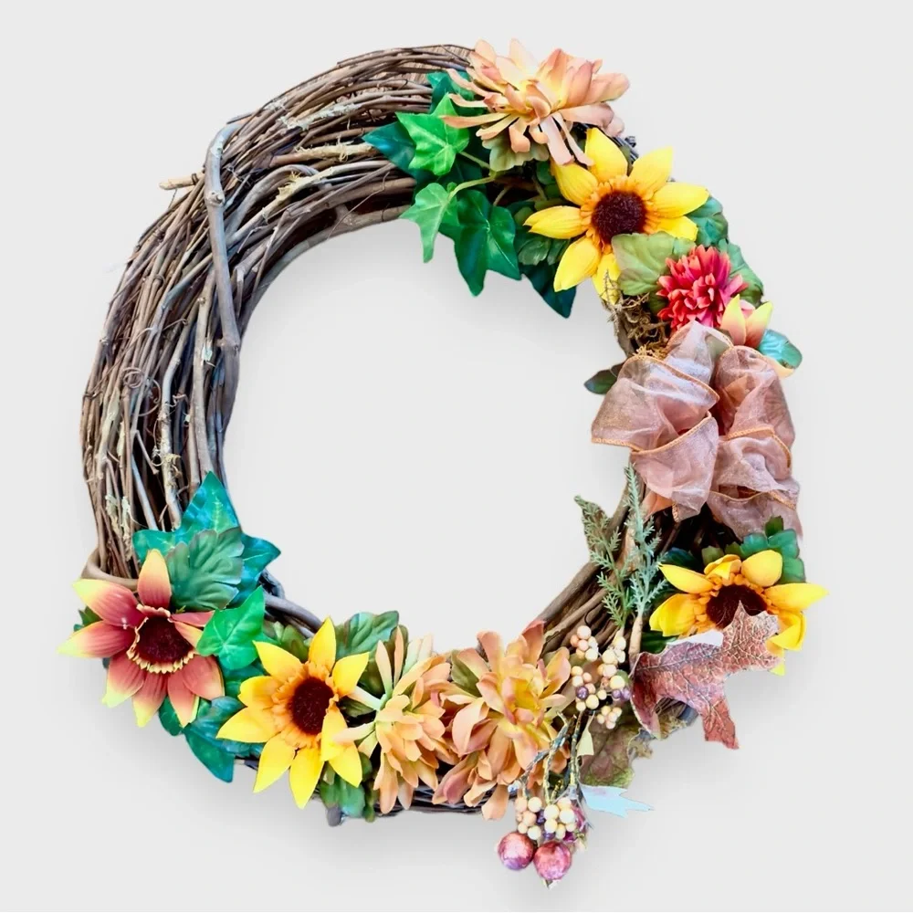 16” CUSTOM Rustic Farmhouse Sunflower & Daisy Floral Wooden Grapevine Wreath
